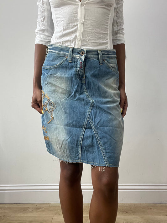 vintage edit thirty-two | small blue denim replay midi skirt
