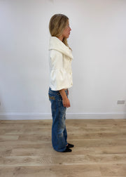 small white double-breasted flared-sleeve jacket