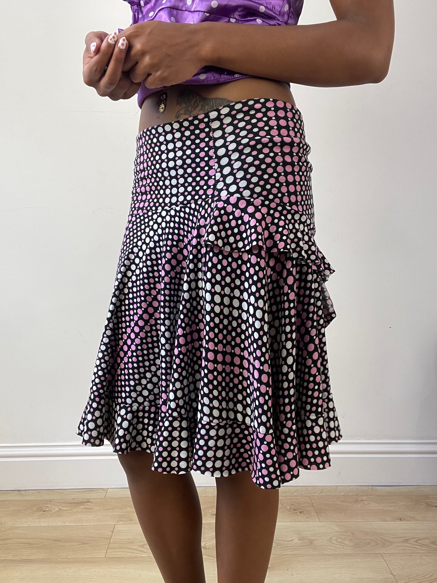 vintage edit twenty-seven | small black and pink ruffle polka dot midi skirt