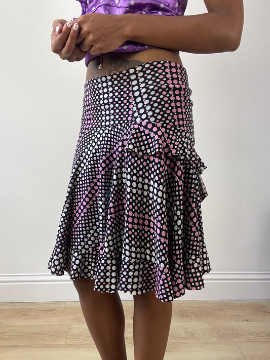 vintage edit twenty-seven | small black and pink ruffle polka dot midi skirt
