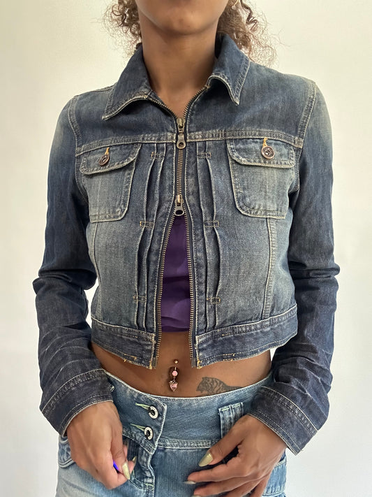wag drop | small dark blue denim dual zip cropped jacket