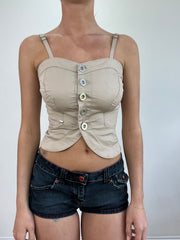 💻💚vintage edit twenty | small beige fitted top with button up front and lace up back