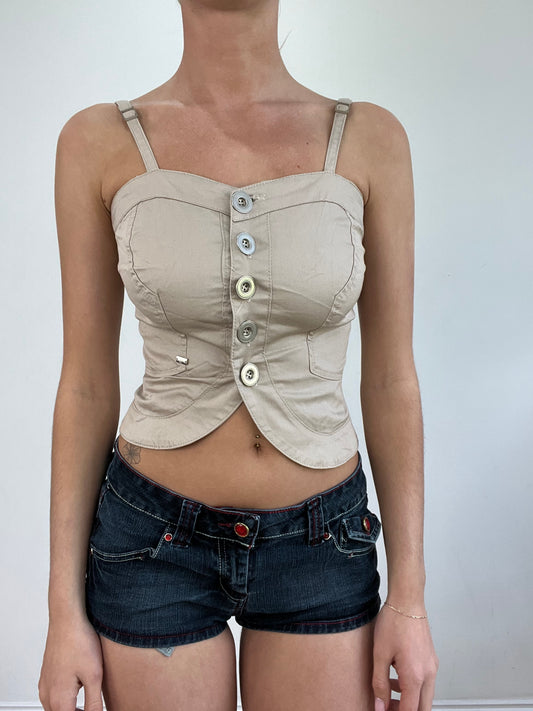 💻💚vintage edit twenty | small beige fitted top with button up front and lace up back