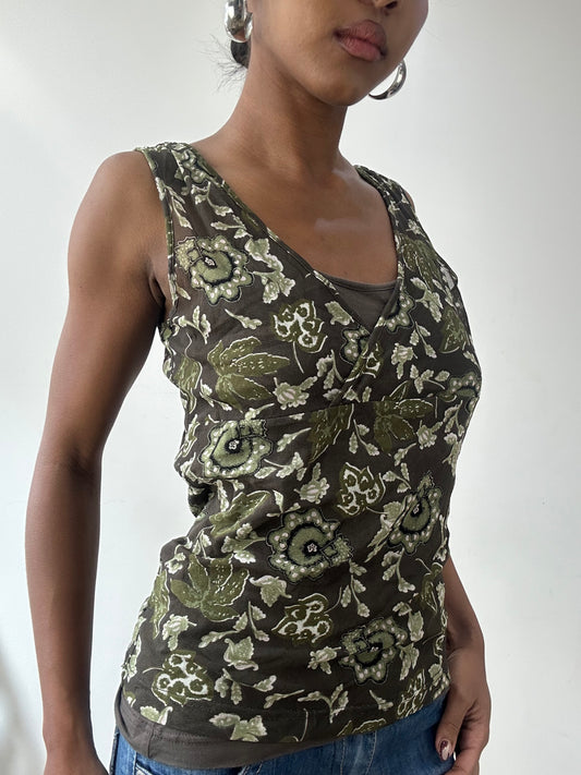 vintage edit thirty-one | medium green mesh overlay top with floral print