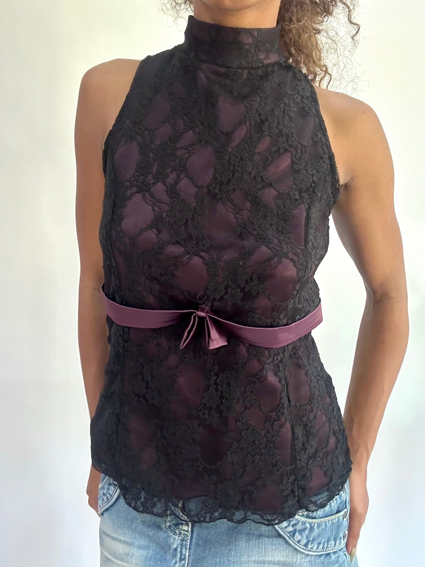 wag drop | small black lace overlay high neck top