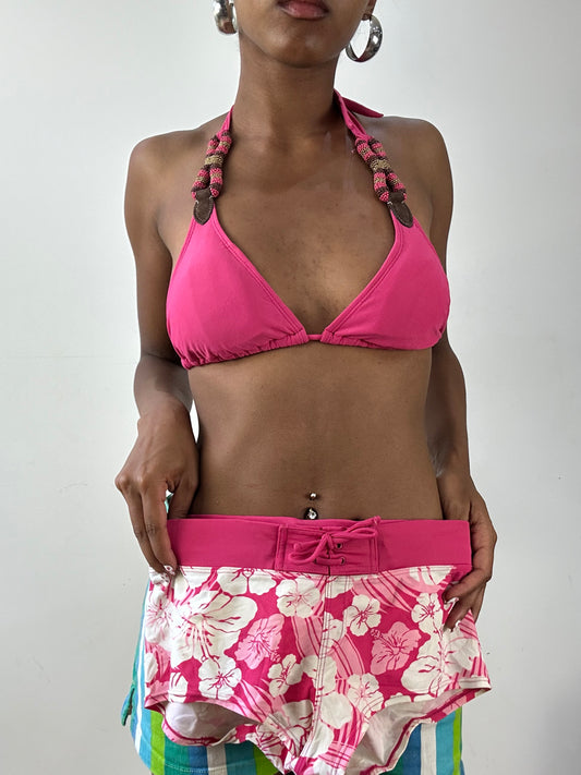 vintage edit twenty-seven | small pink beaded bikini top and hibiscus swim shorts