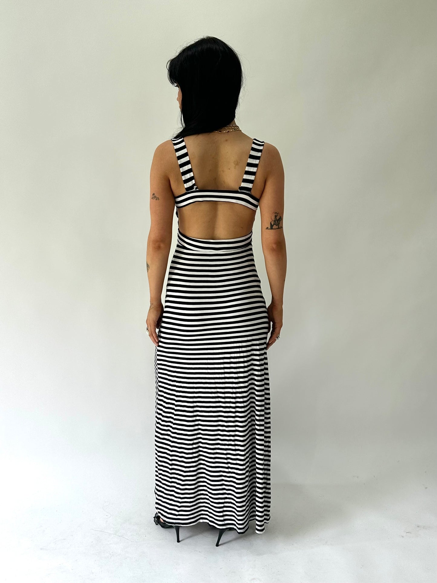 sailor drop | small black and white striped maxi dress