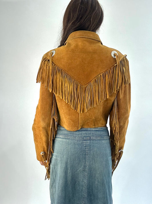 BEST PICKS | small tan suede fringe cropped jacket