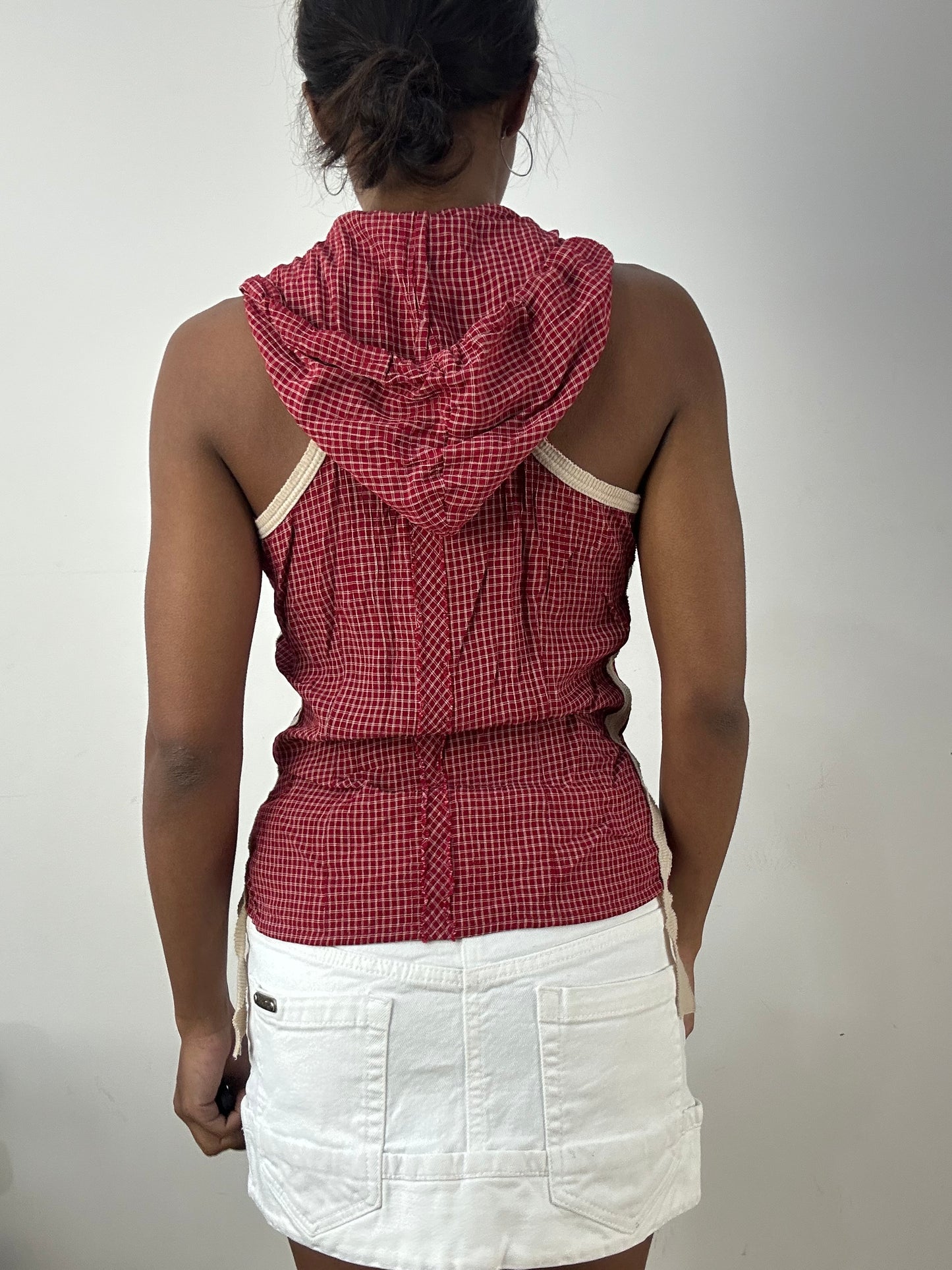 BEST PICKS | small red checkered sleeveless top with hood