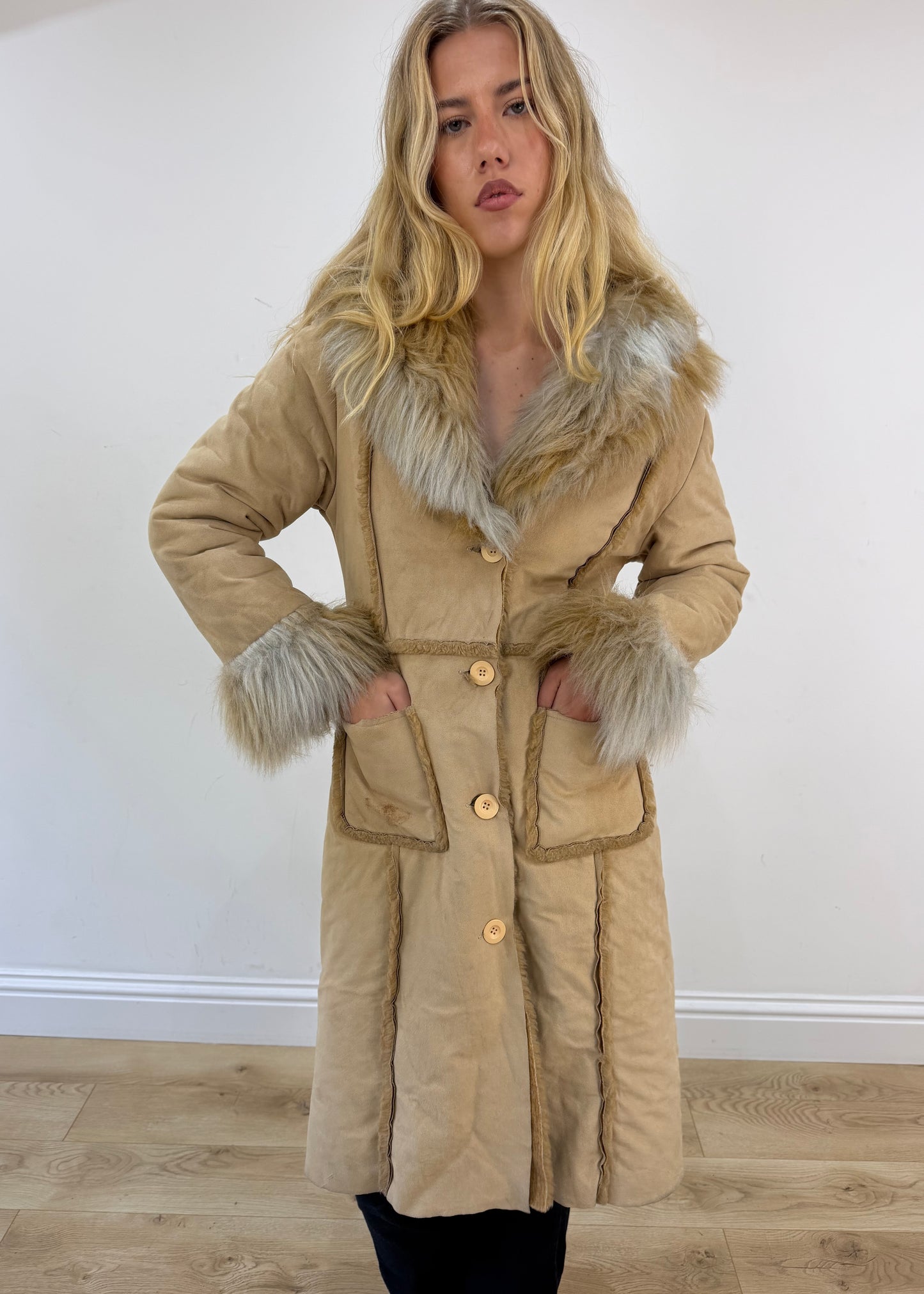 medium cream suede afghan coat with faux fur trim