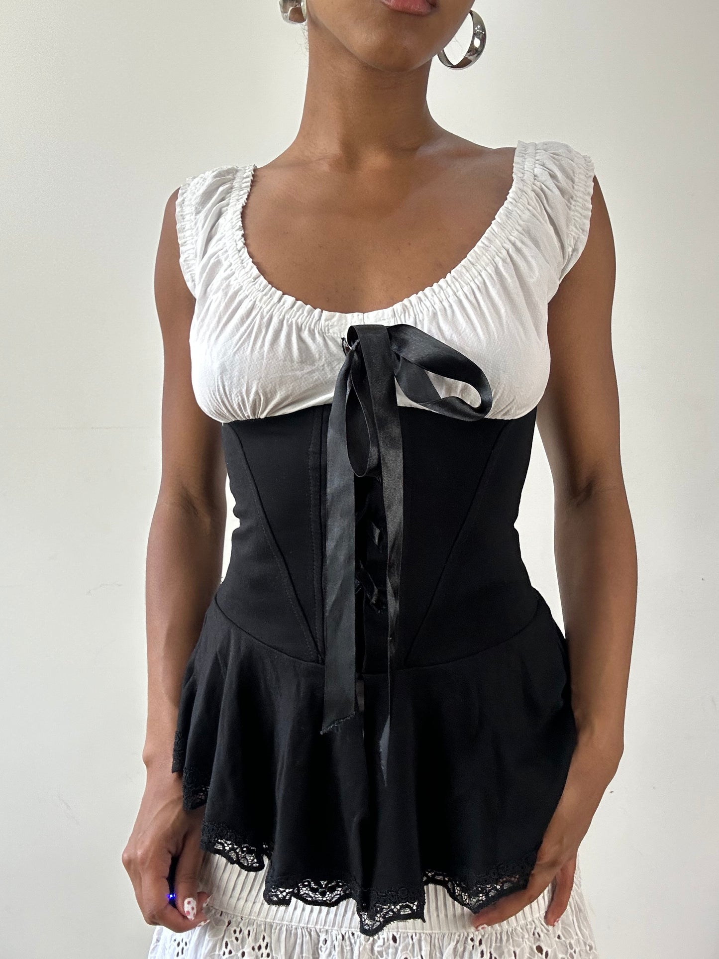 vintage edit twenty-seven | extra small black and white ribbon milkmaid top