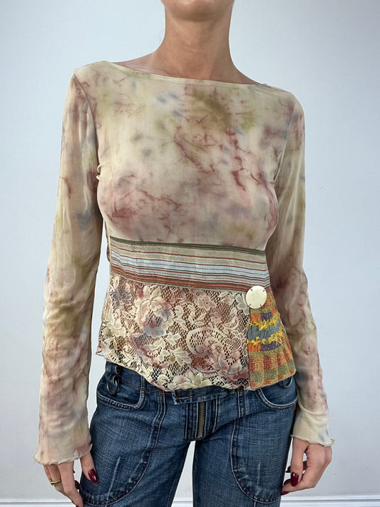 vintage edit twelve | medium yellow lace and acid wash long sleeve top