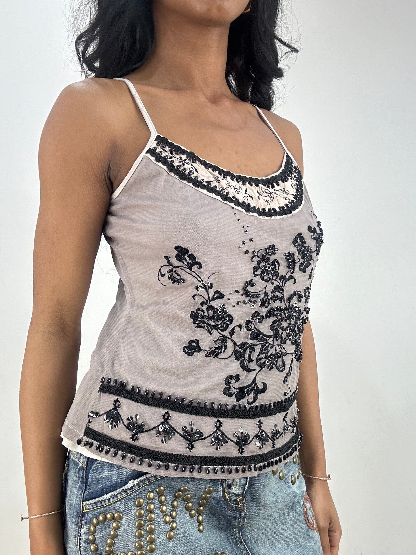 vintage edit fifteen | large next lilac sheer overlay embroidered cami top