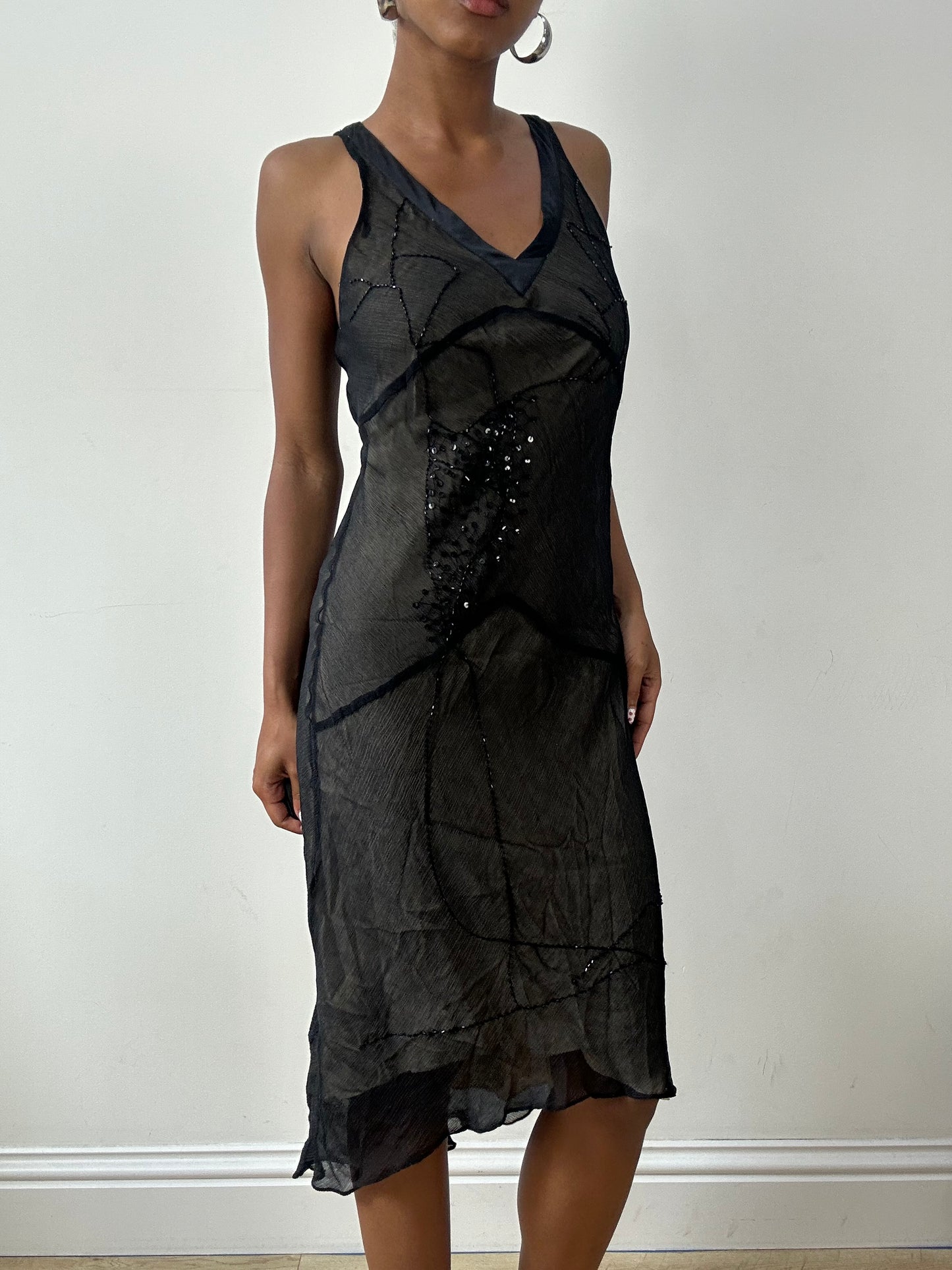 vintage edit twenty-nine | small black silk mesh overlay midi dress