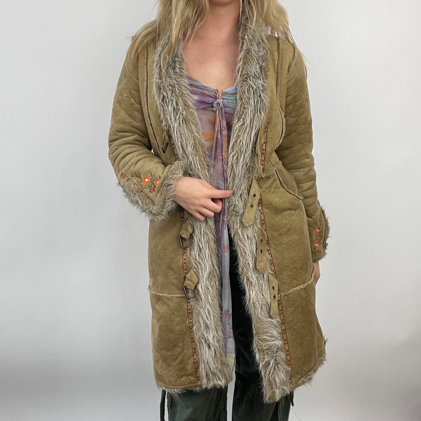 HIPPY CHIC DROP | large tan afghan coat with embroidered arms