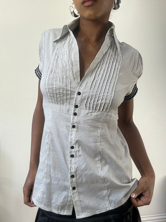 AUTUMN EDIT | medium white orsay blouse with pinstripes