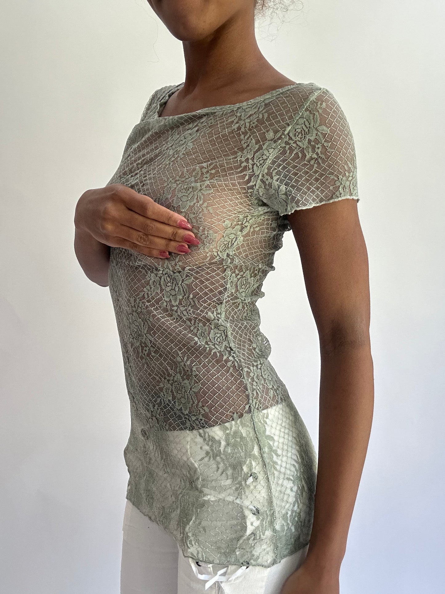 olivia rodrigo drop | small light green lace short sleeve top