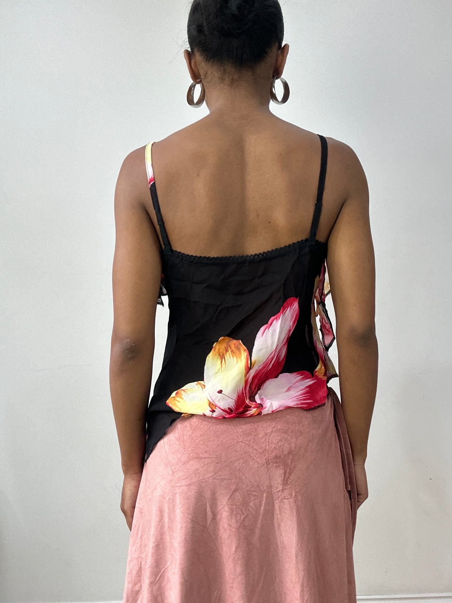 vintage edit thirty-two | small black asymmetric ruffle cami with floral print