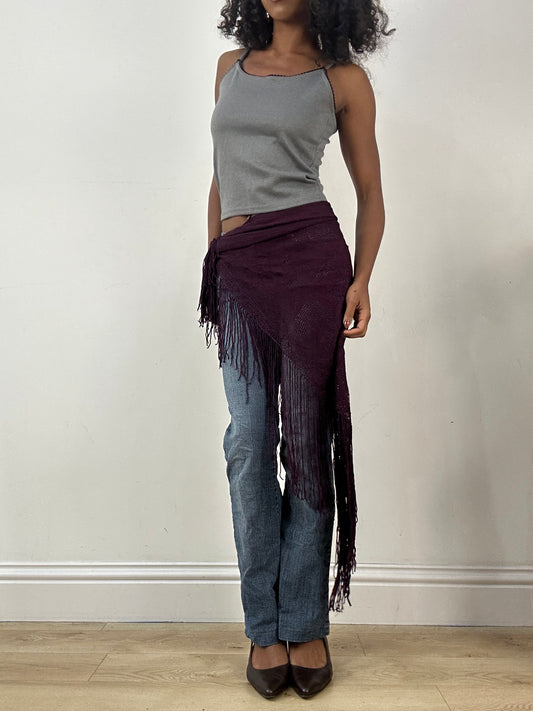 LFW edit | purple floral sheer scarf with tassel details