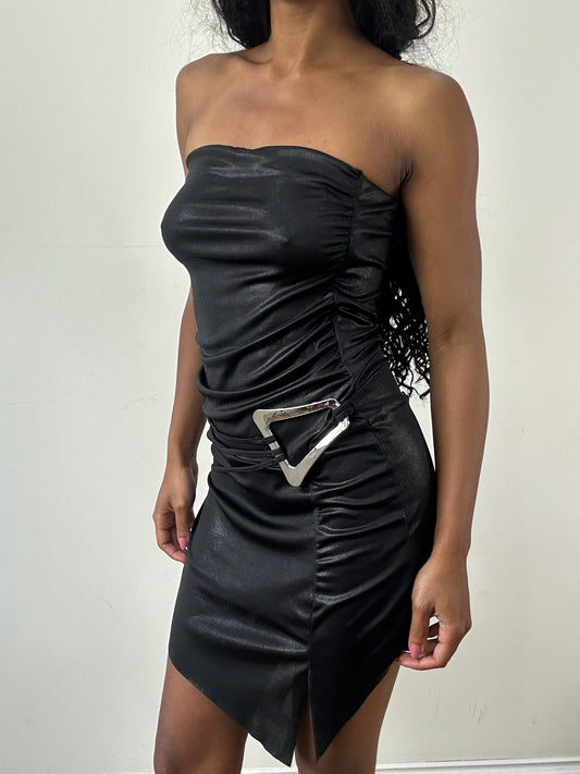 vintage edit: festival | small black bandeau mini dress with built in silver buckle detail