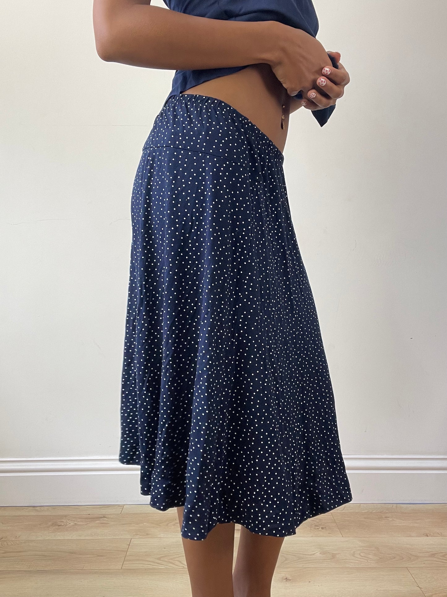 vintage edit twenty-seven | small navy blue polka dot midi skirt with 3d floral detail