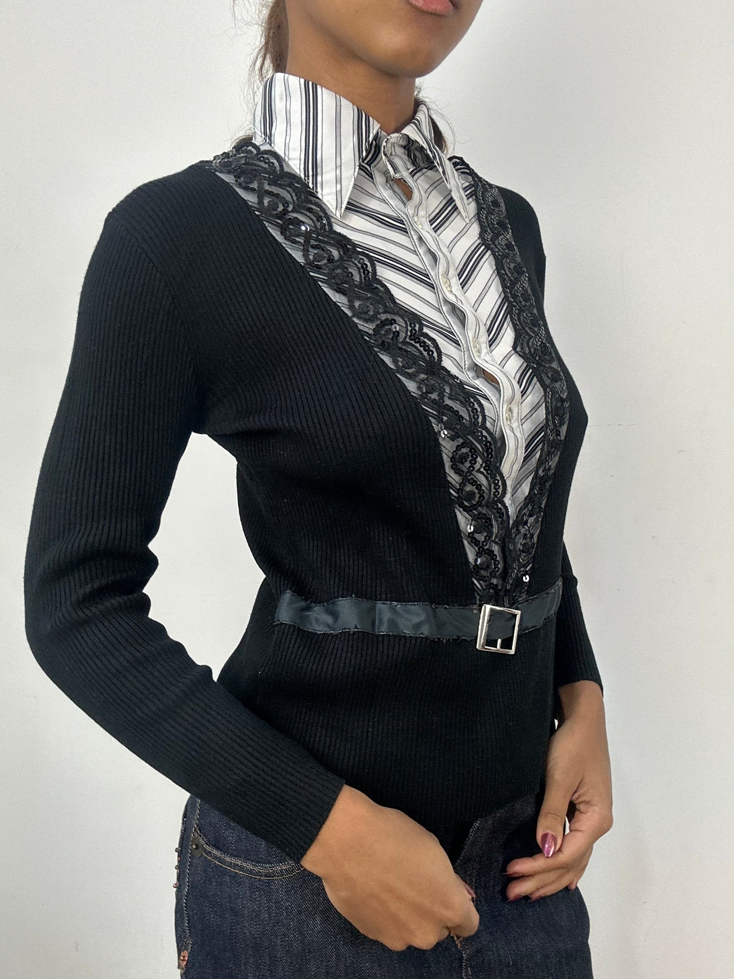 BEST PICKS | small black ribbed jumper with built in shirt detail