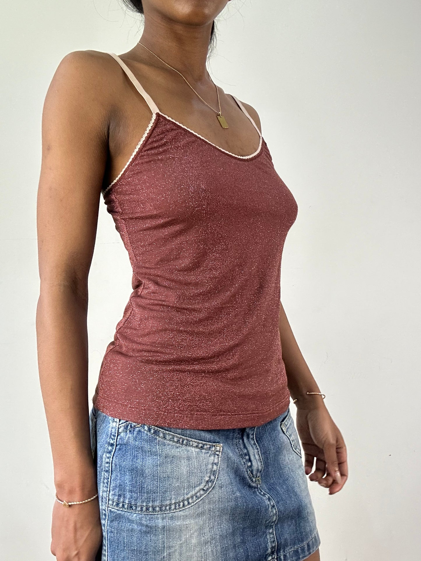 vintage edit twenty-one | medium brown and pink glittery cami top