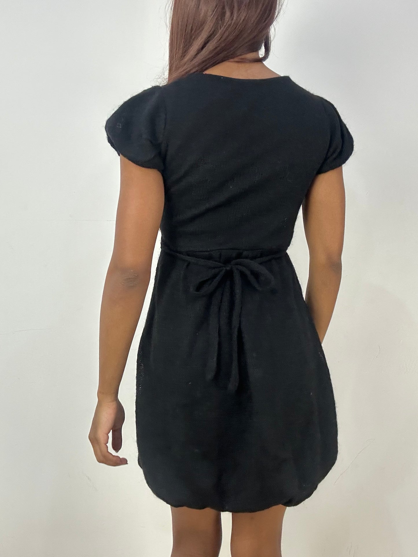 vintage edit thirty-three | small black knit mini dress with belted waist