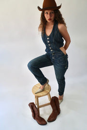 western edit | pequeno/mediano azul denim botão de cima jumpsuit