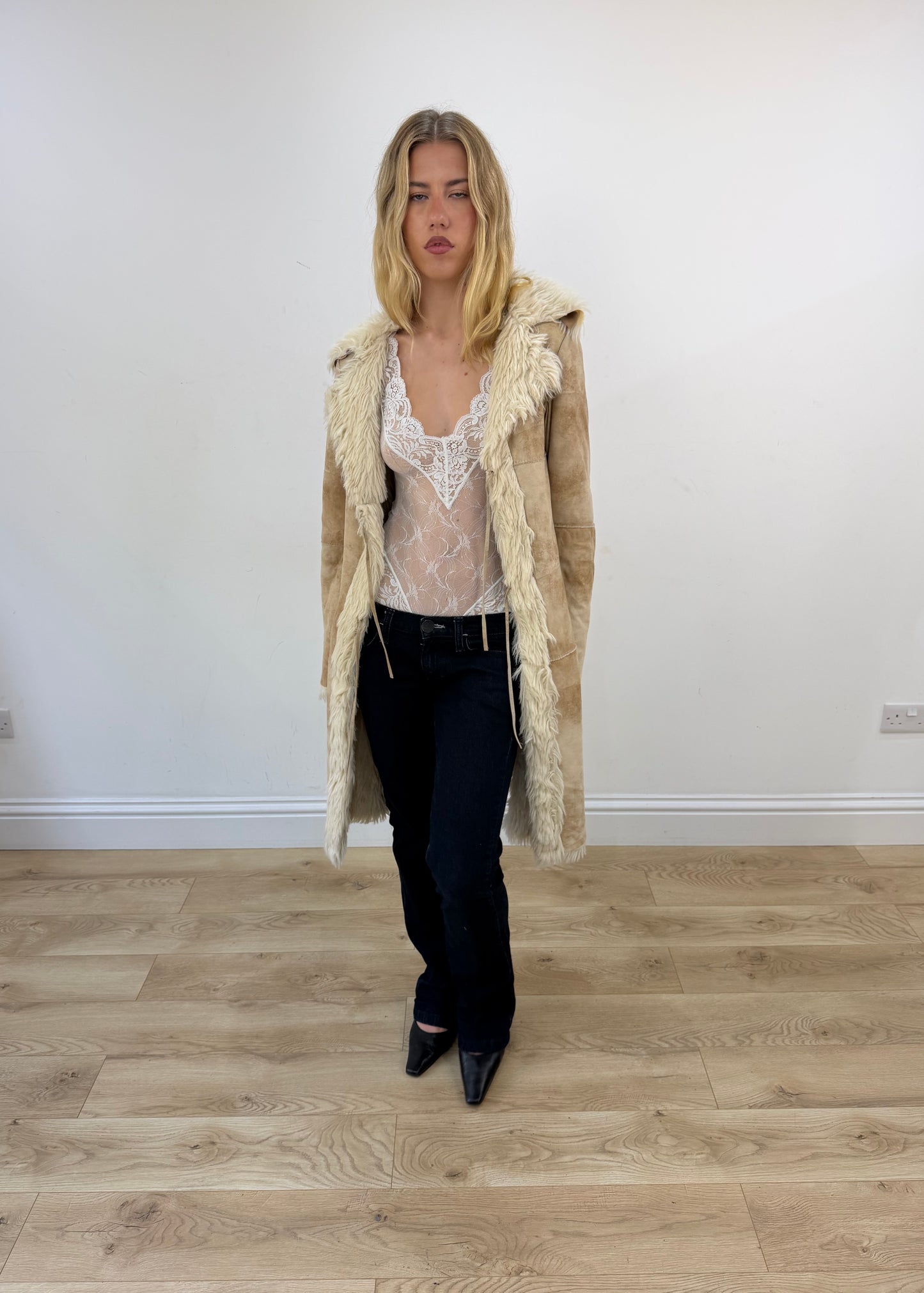 medium beige suede afghan coat with faux fur trim