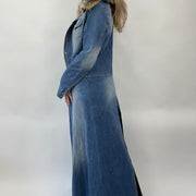 💻💚 POSH AND BECKS DROP | Denim Langleinenmantel mit Fellbesatz und Nadelstreifen-Rückendetail