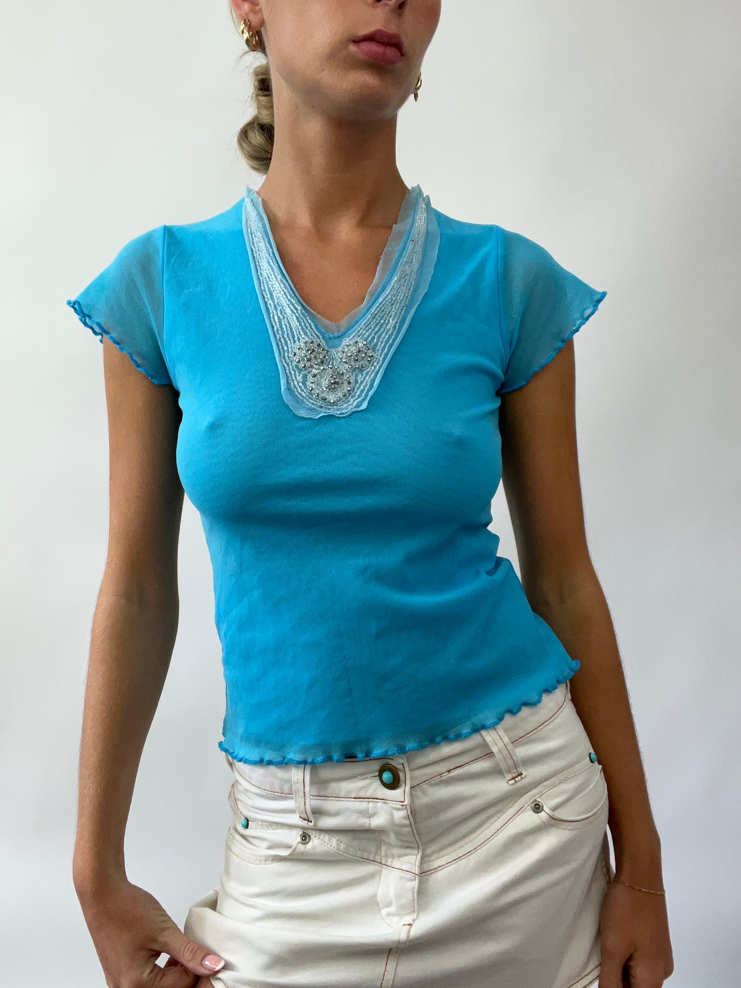 GIRLS TRIP DROP | small blue mesh baby tee with beaded detail