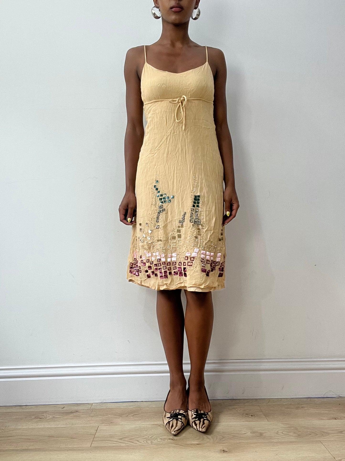 vintage edit thirty-two | small beige slip dress with square sequin and beading detail