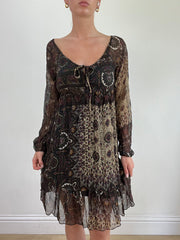 💚 miley cyrus edit | small brown long sleeve dress with paisley mesh overlay