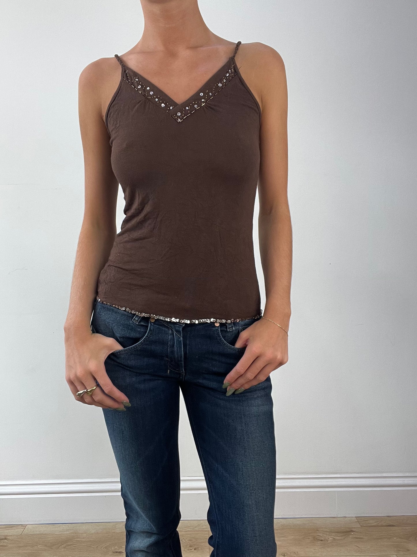 GIRLBAND DROP | small brown cami with sequin trim