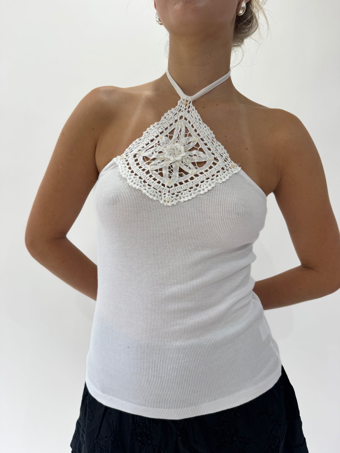 french summer drop | small white crochet halterneck top