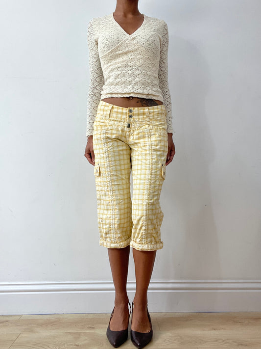 midsummer edit | small yellow capri style trousers with plaid print