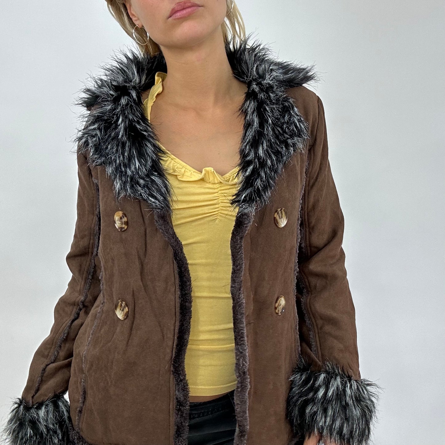 BEST PICKS | small brown suede jacket with grey fur detail