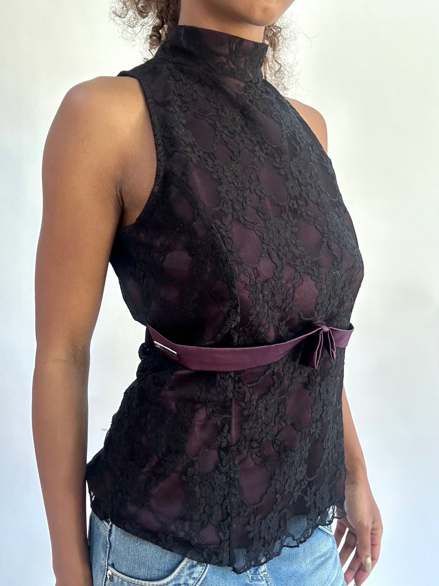 wag drop | small black lace overlay high neck top