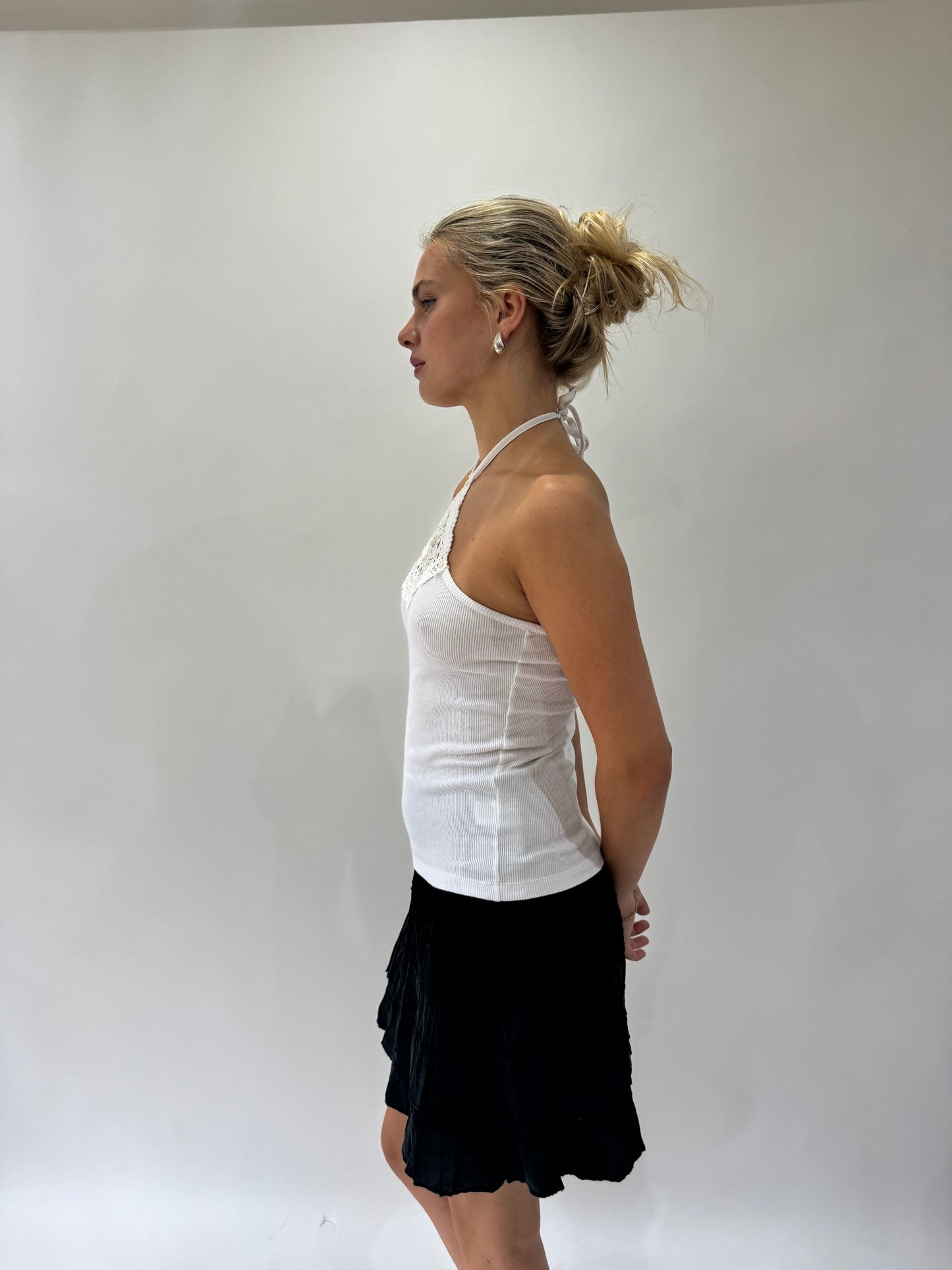 french summer drop | small white crochet halterneck top
