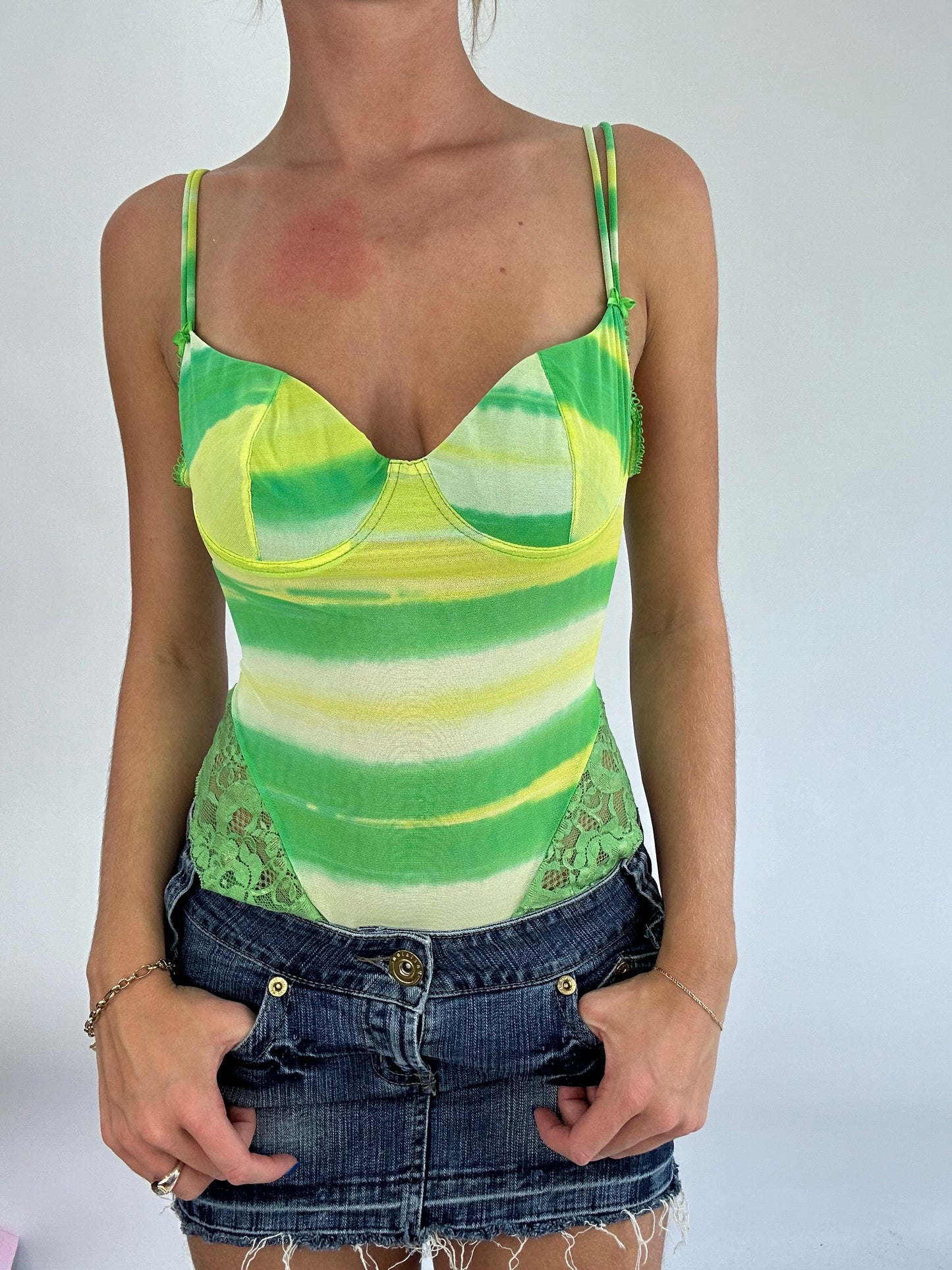 BRITISH SUMMER GIRL DROP | small green and yellow mesh bodysuit