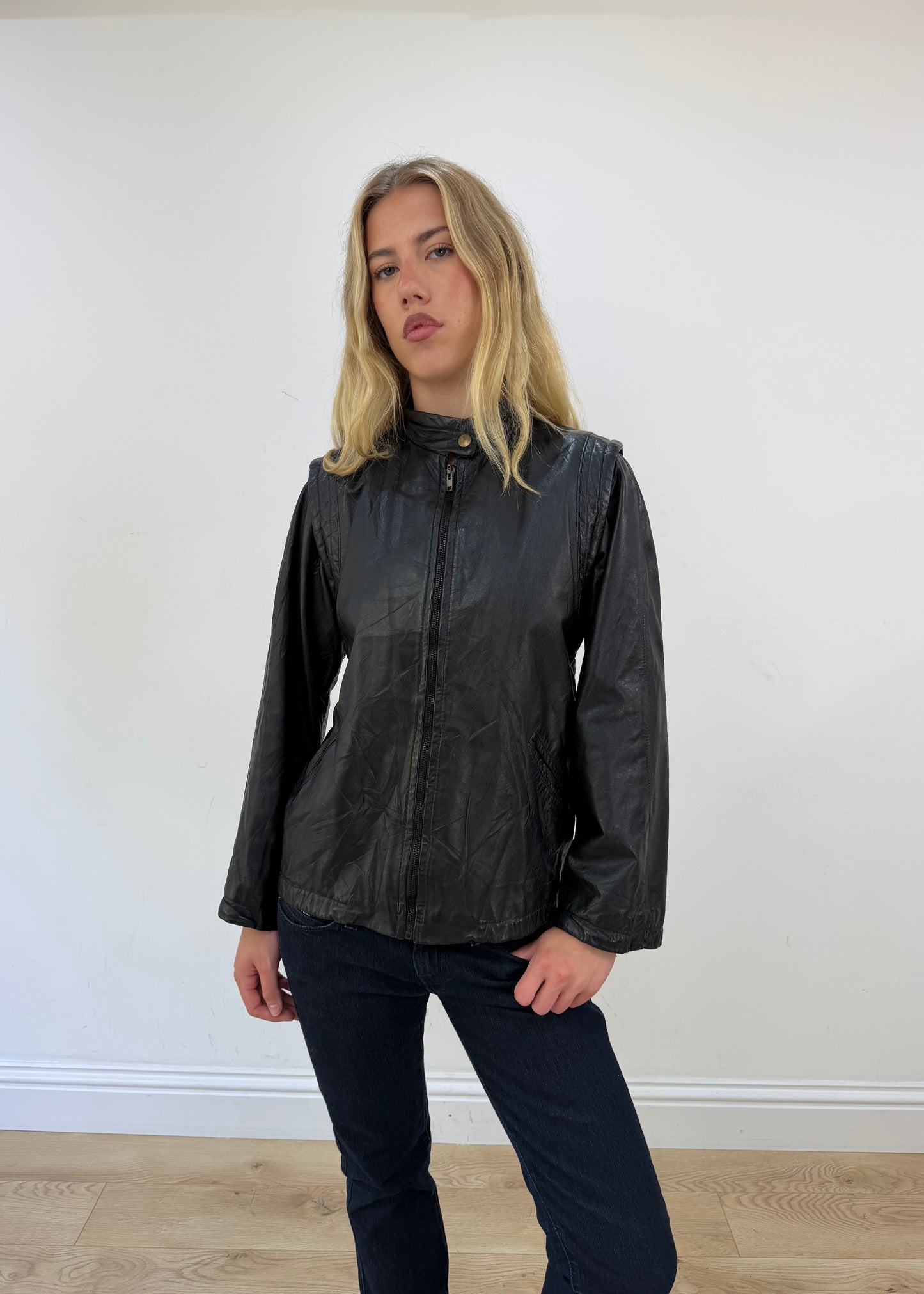 medium black leather motorbike jacket