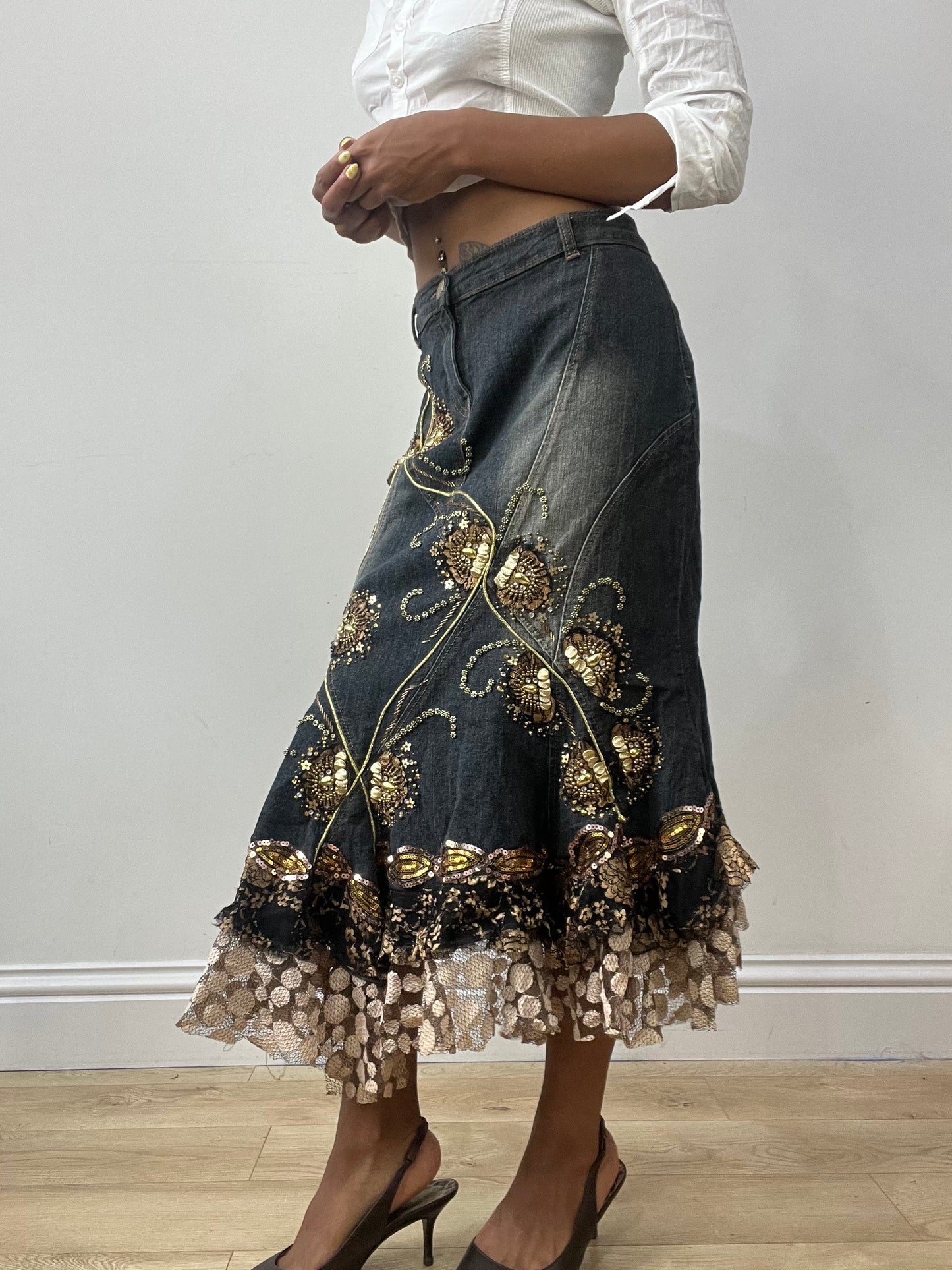 vintage edit thirty-two | medium blue denim maxi skirt with embellishments