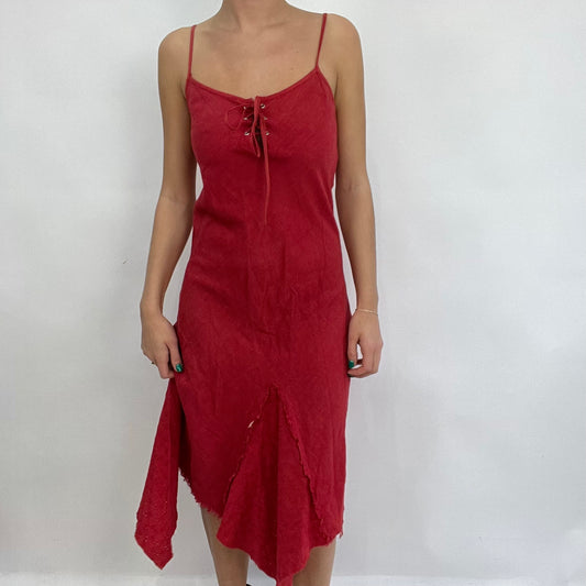 CARRIE BRADSHAW DROP | small red asymmetric flowy dress with lace up front