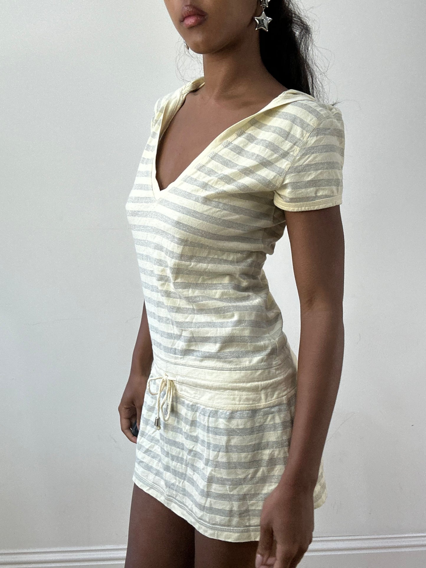 BEST PICKS | extra small yellow and silver striped hooded mini dress