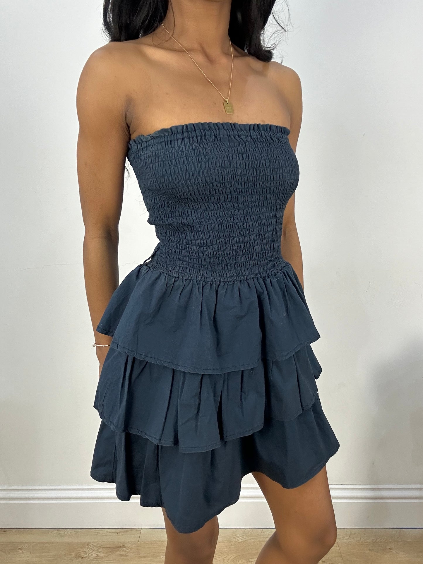 BEST PICKS | extra small navy blue bandeau ruffle mini dress