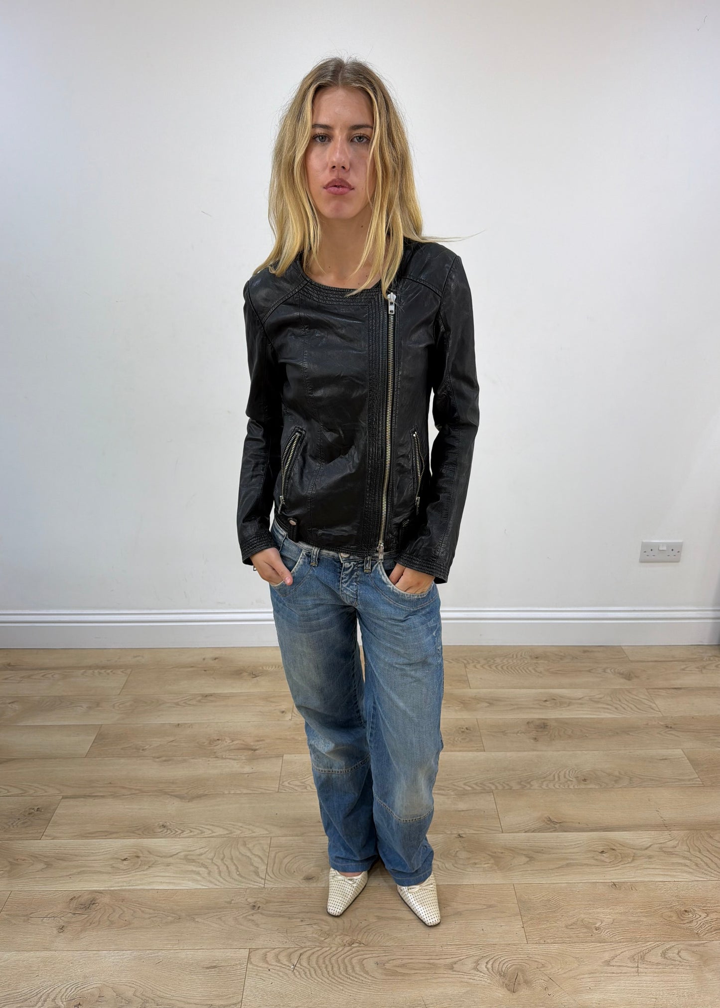 small black hennes faux leather zip jacket image 1