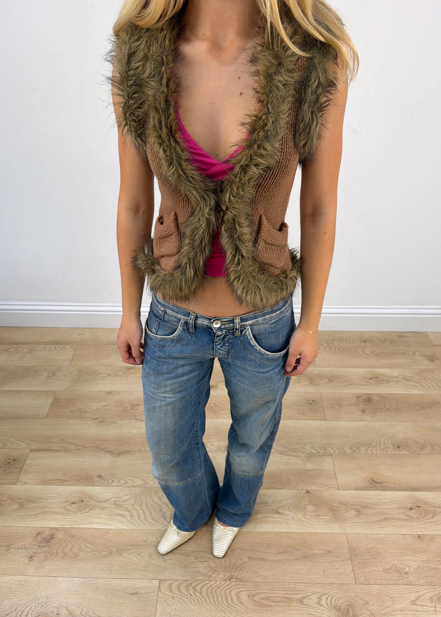 extra small brown laura scott faux fur gilet image 2