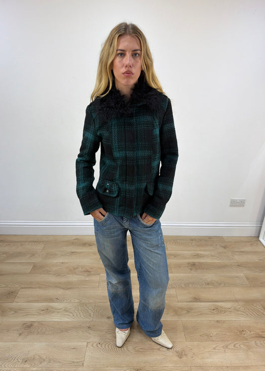 small yessica green tartan faux fur collar jacket image 1