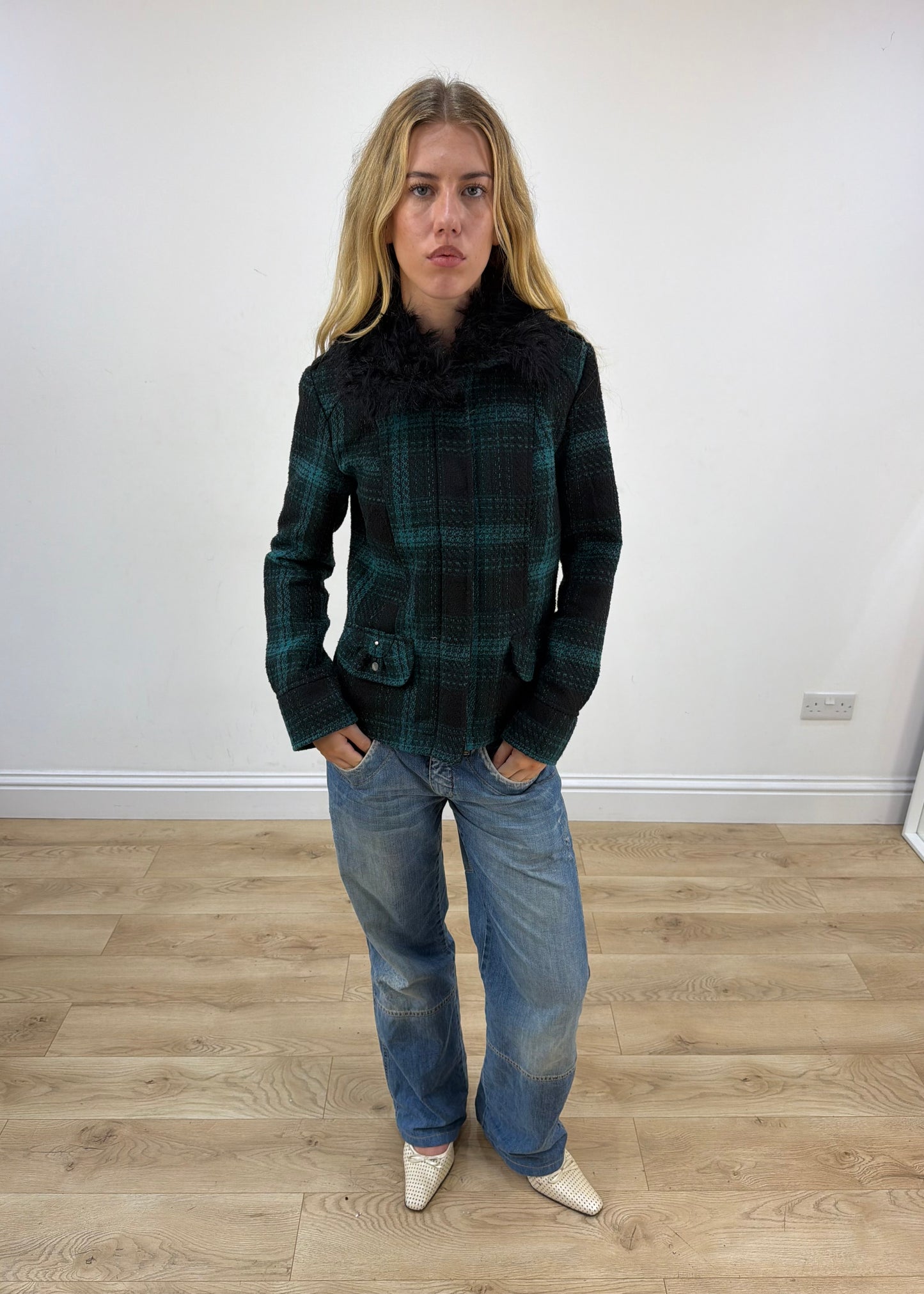 small yessica green tartan faux fur collar jacket image 1